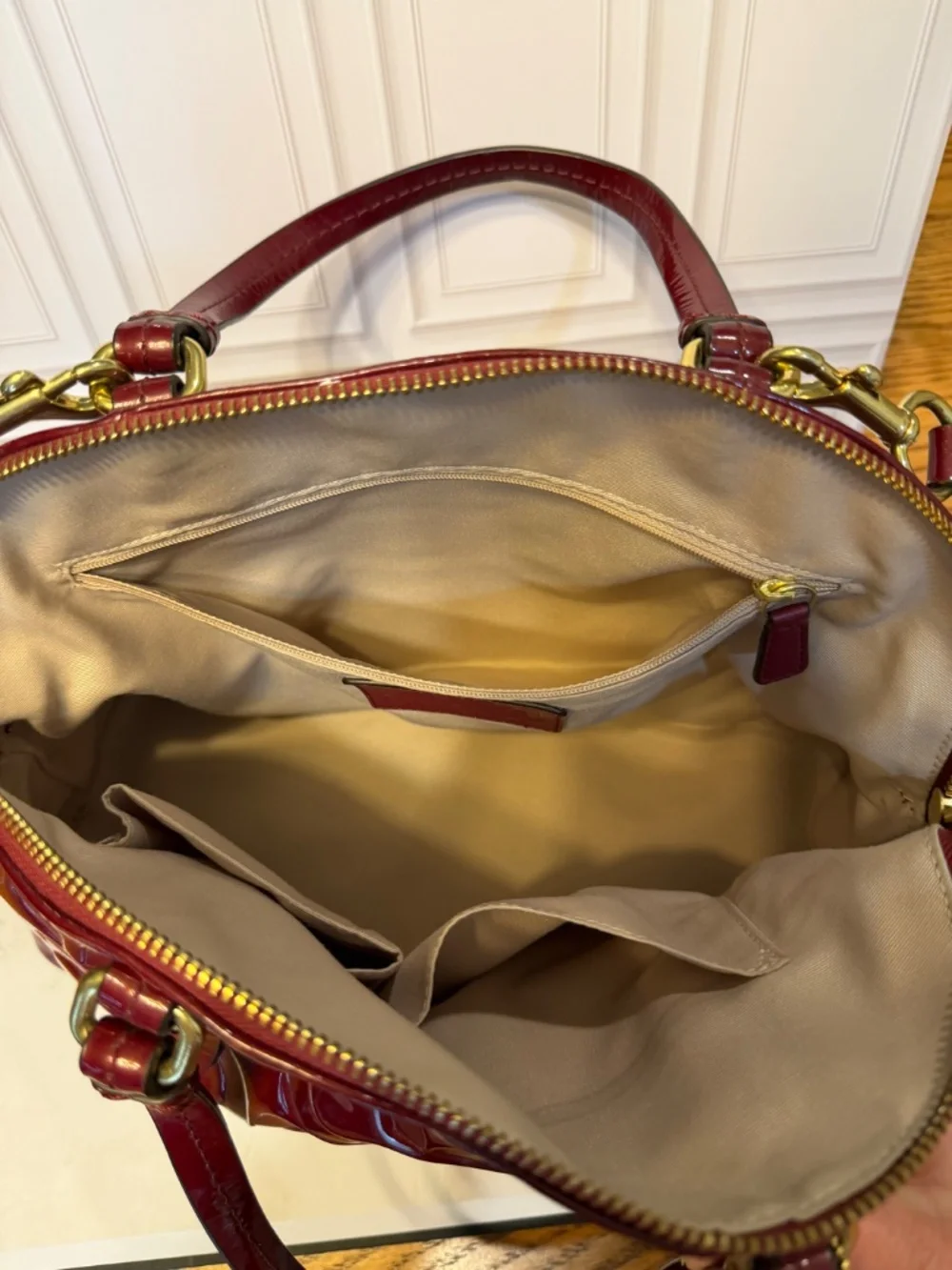 Coach Red Patent Leather Embossed Signature Dome Satchel & Matching Wallet Set